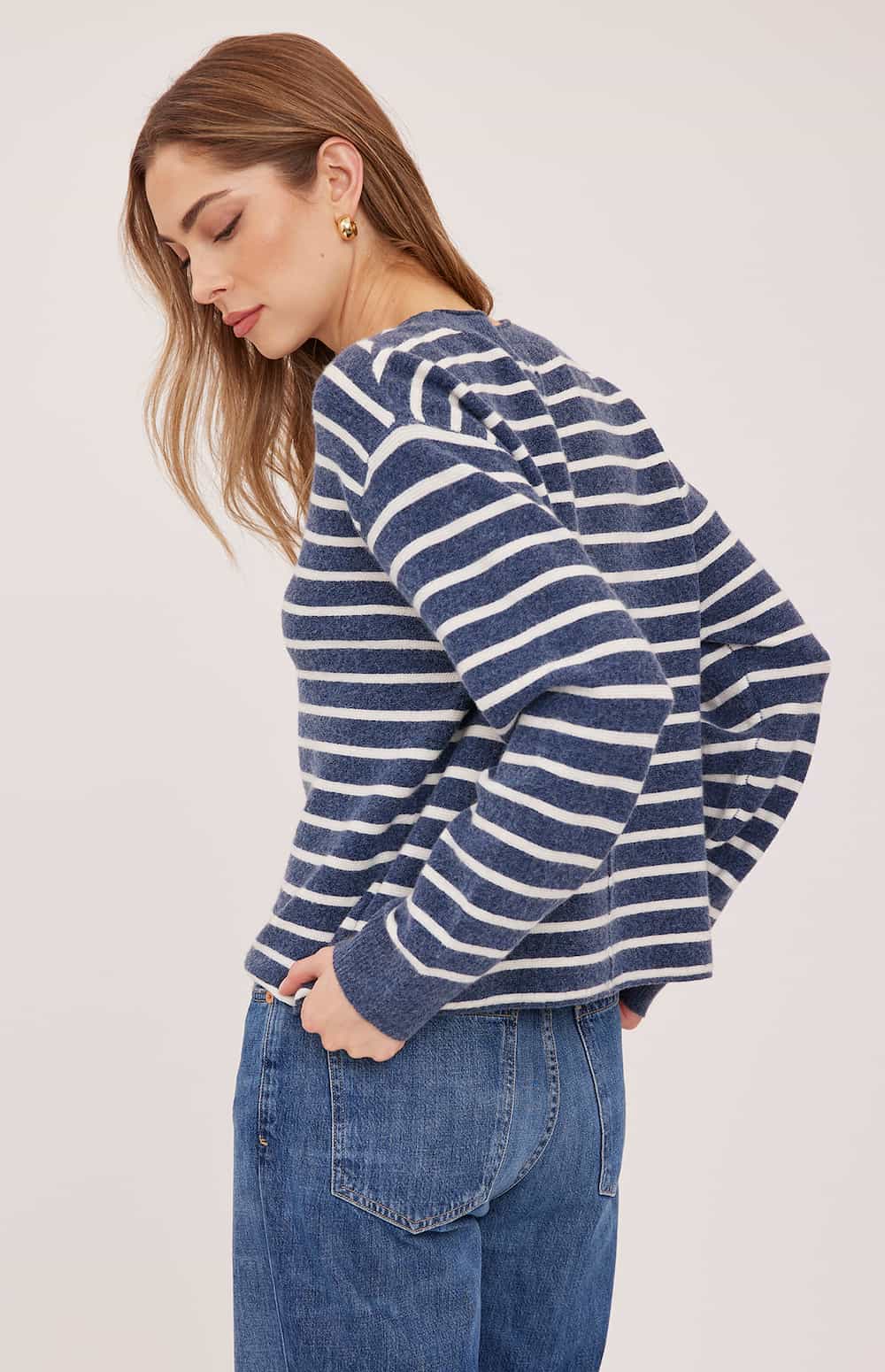 Side view of the soft navy and white striped knit on the Gentle Fawn Wanda sweater