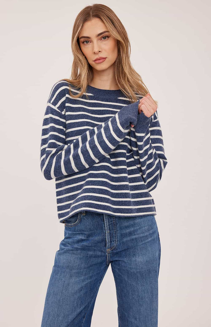 Front view of the Gentle Fawn Wanda sweater in navy stripe showing its relaxed fit
