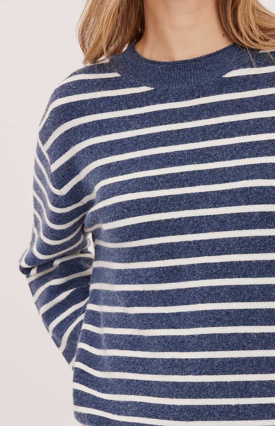 Close-up of the soft navy and white striped knit on the Gentle Fawn Wanda sweater