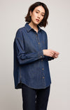 Gentle Fawn Whitney Denim Button Down Shirt in dark wash, side view showing slit detail, available at Lemonberry