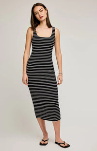 Marley Dress front view – soft striped midi dress available at Lemonberry, Aurora, Ontario.