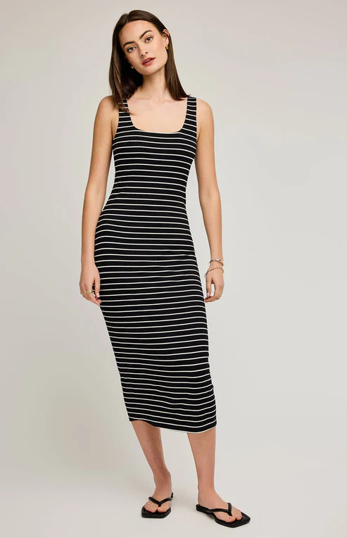 Marley Dress front view – soft striped midi dress available at Lemonberry, Aurora, Ontario.
