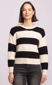 Straight-on view of Pink Martini Glynn Sweater in cream and black stripes, chic versatile knit for layering.