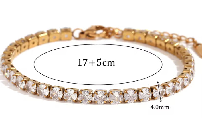 Gold stainless steel tennis bracelet 17cm plus 5cm extender with 4mm zircon stones waterproof Lemonberry Aurora