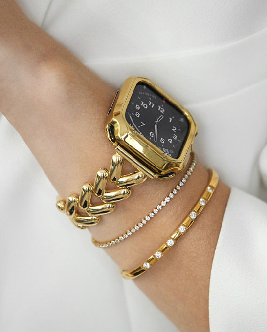 Gold stainless steel tennis bracelet stacked with gold watch and bangle waterproof zircon Lemonberry Aurora