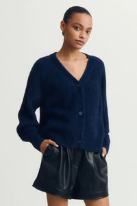 dark navy fuzzy knit cardigan with button front styled casually — Melissa Nepton, Lemonberry Aurora model