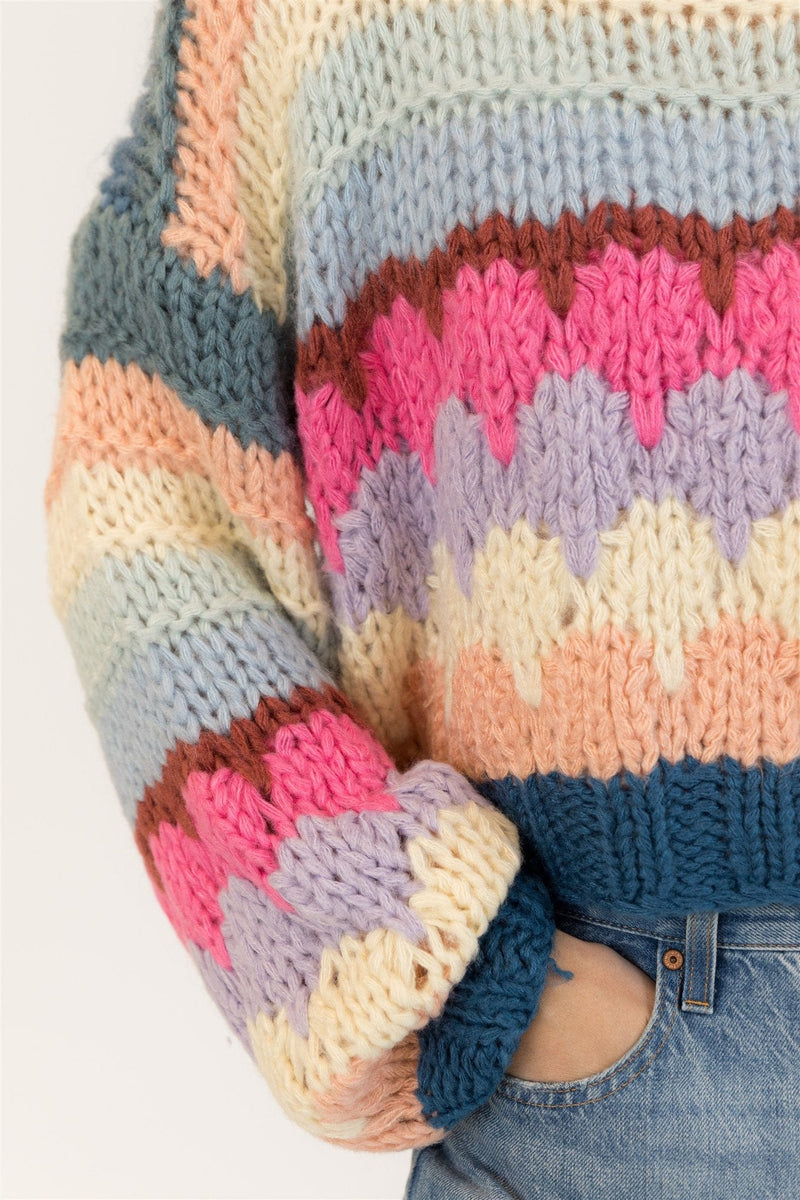 Close-up of sleeve on Lyla + Luxe HANNAH sweater showing handmade texture and bold stripes

