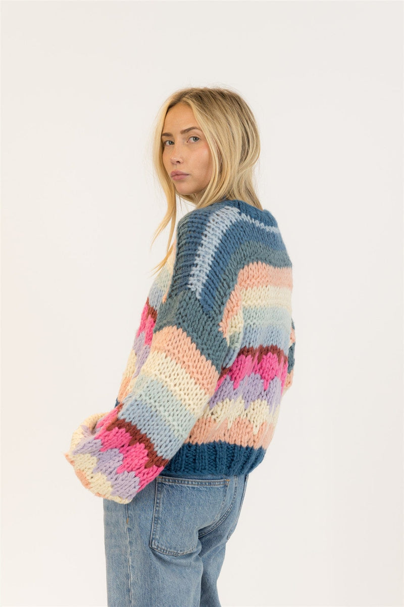 Back view of oversized multicolour Lyla + Luxe sweater on model with light denim