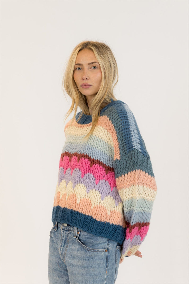 Side angle of HANNAH crewneck showing textured colour-block knit and balloon sleeve

