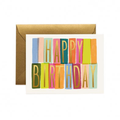 Happy Birthday card with rainbow block lettering and gold foil – Rifle Paper Co., Lemonberry Newmarket