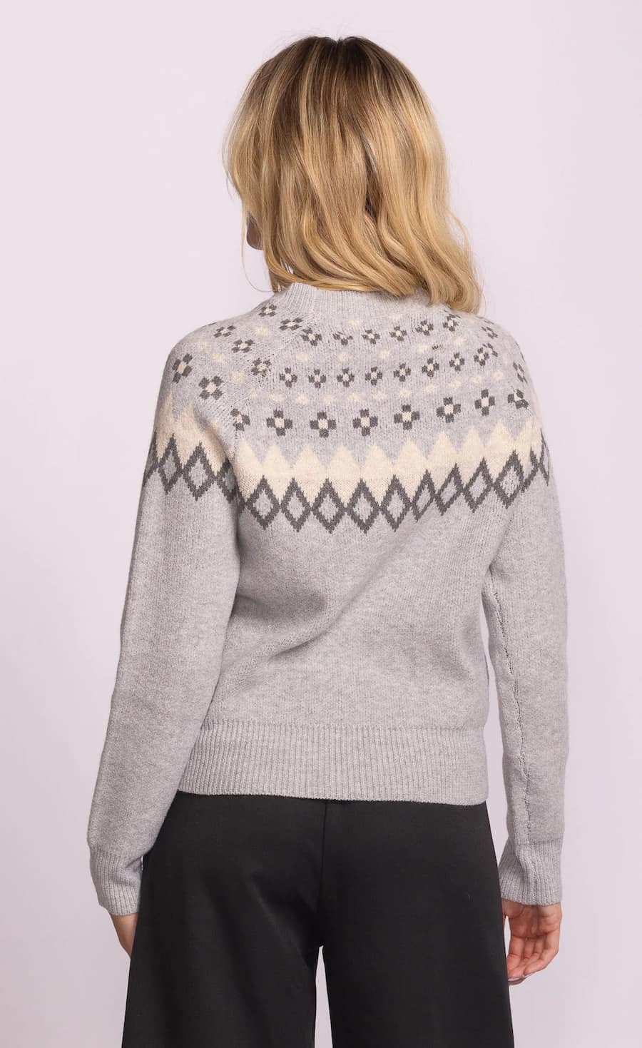 back view of Pink Martini Haverford Sweater with fair isle knit across shoulders — Lemonberry Aurora