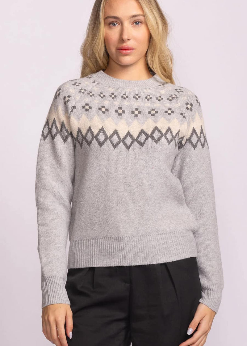 front view of Pink Martini Haverford Sweater in grey fair isle knit — Lemonberry Aurora