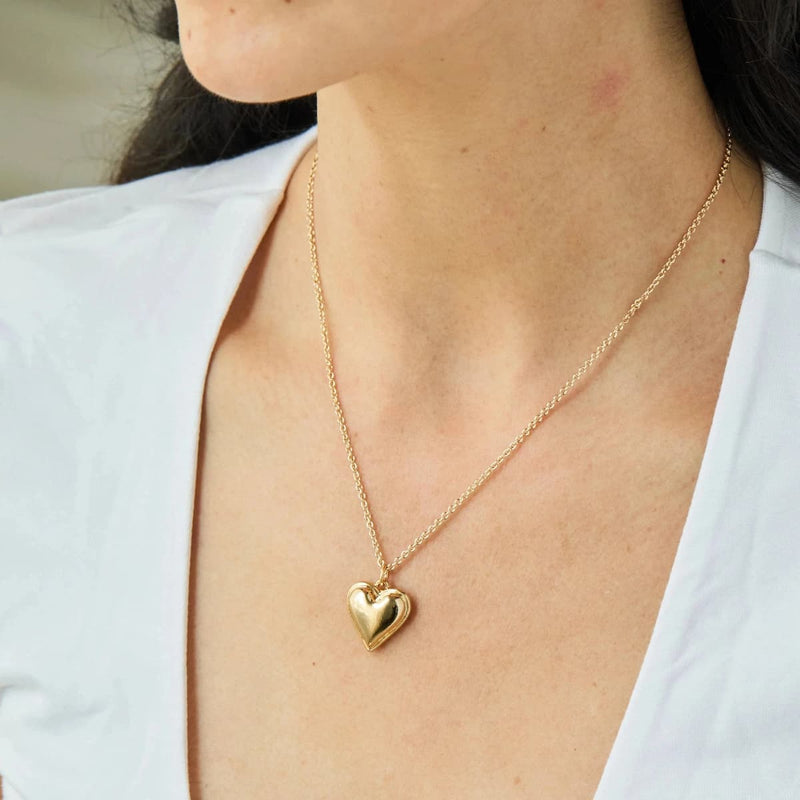 Gold sweetheart heart pendant necklace, Foxy Originals, worn on model — Lemonberry Aurora