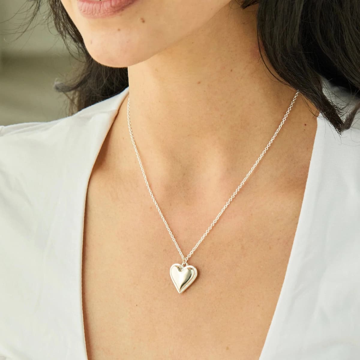 Silver sweetheart heart pendant necklace, Foxy Originals, front view — Lemonberry Aurora