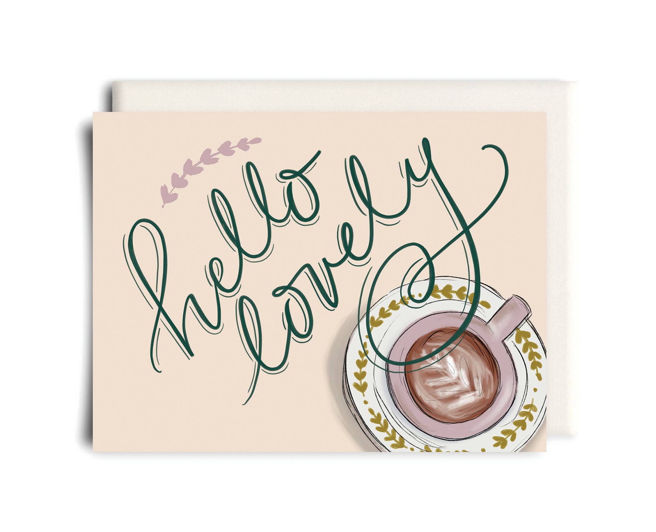Hello Lovely Friendship Card with script lettering and coffee cup illustration, printed on recycled FSC paper