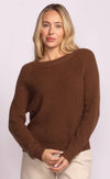 Pink Martini Hempden Sweater in brown knit, classic crewneck, styled with light trousers – available at Lemonberry Aurora