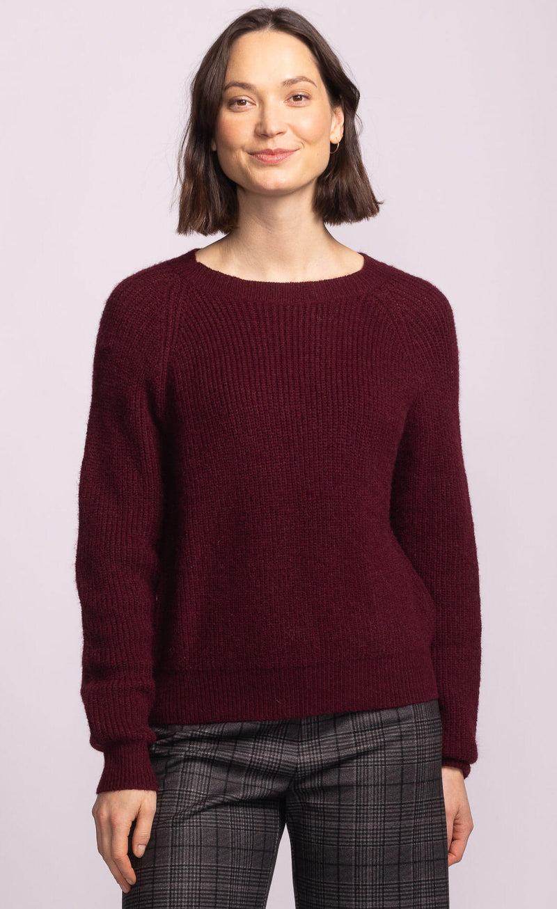 Pink Martini Hempden Sweater in rust red knit, paired with plaid trousers – Lemonberry Aurora