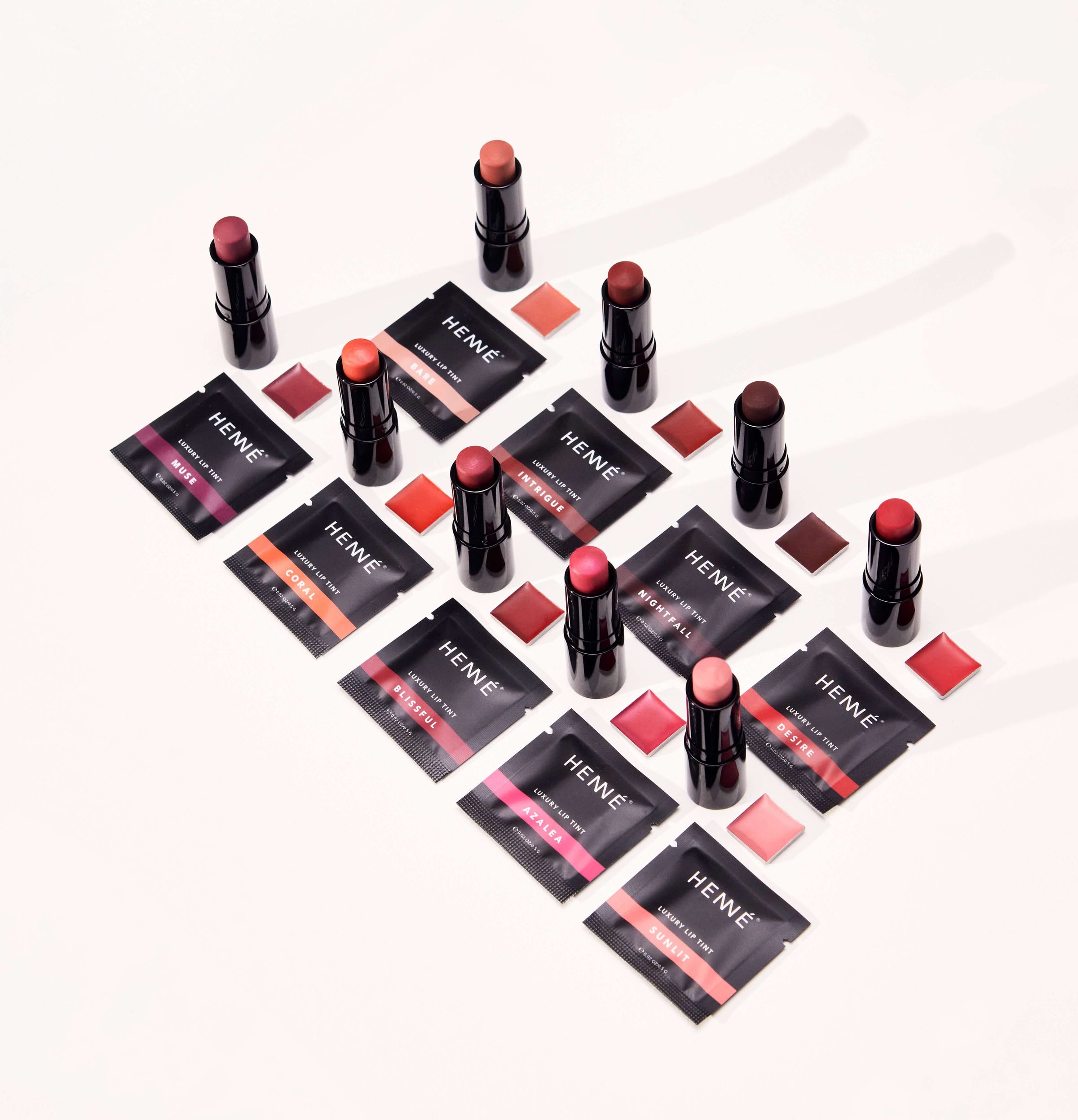 Close-up of Henné Lip Tint sample pot number 1 in packaging – Lemonberry, Aurora ON