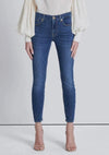 Full front view of high-waisted skinny jeans in a medium wash, fitted through the legs with an ankle-length cut