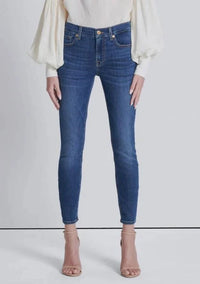 Full front view of high-waisted skinny jeans in a medium wash, fitted through the legs with an ankle-length cut