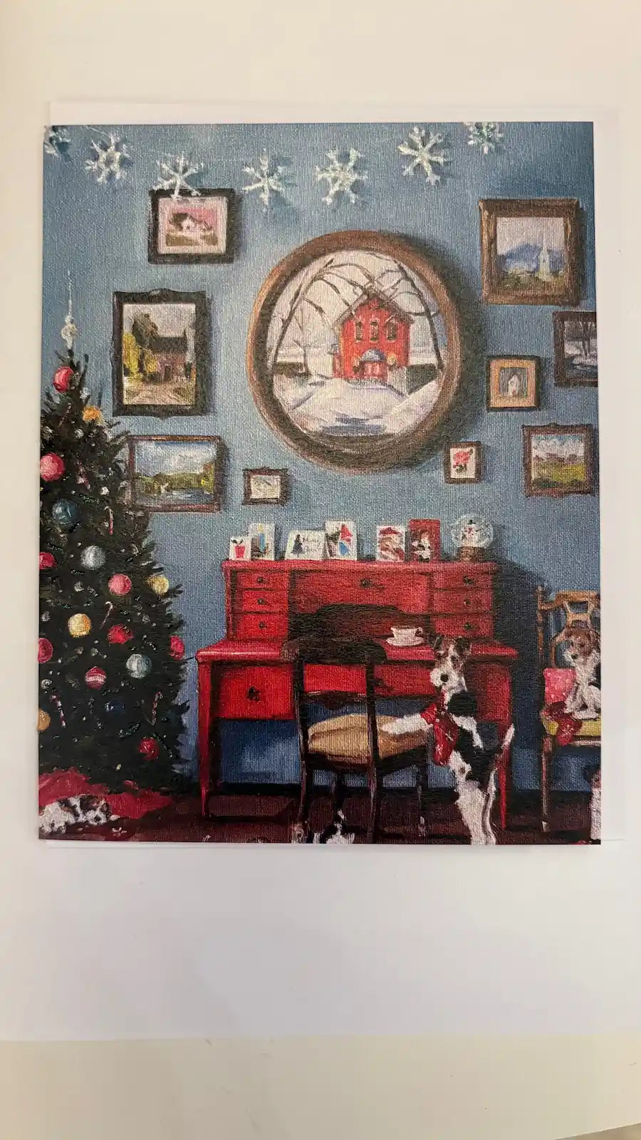 holiday living room christmas card with red desk, tree, and dogs — Lemonberry Aurora holiday stationery