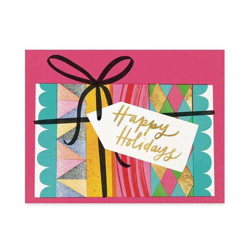 Colorful holiday card with geometric pattern, black ribbon, and 'Happy Holidays' tag on pink border.