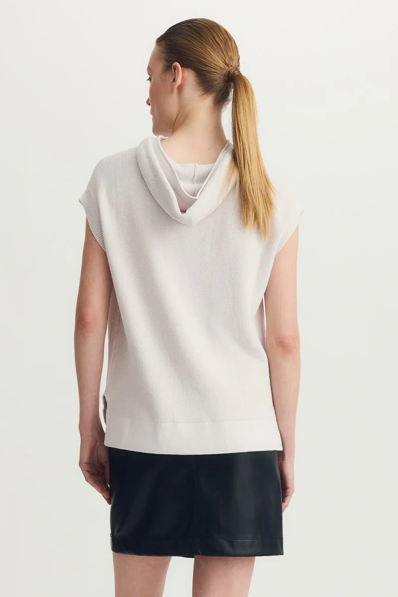 back view of grey hooded sleeveless knit sweater — Melissa Nepton, Lemonberry Aurora model