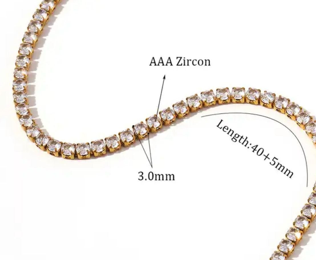 Hoopla gold tennis necklace with 3mm AAA zircon stones and 40cm plus 5cm length Lemonberry Aurora