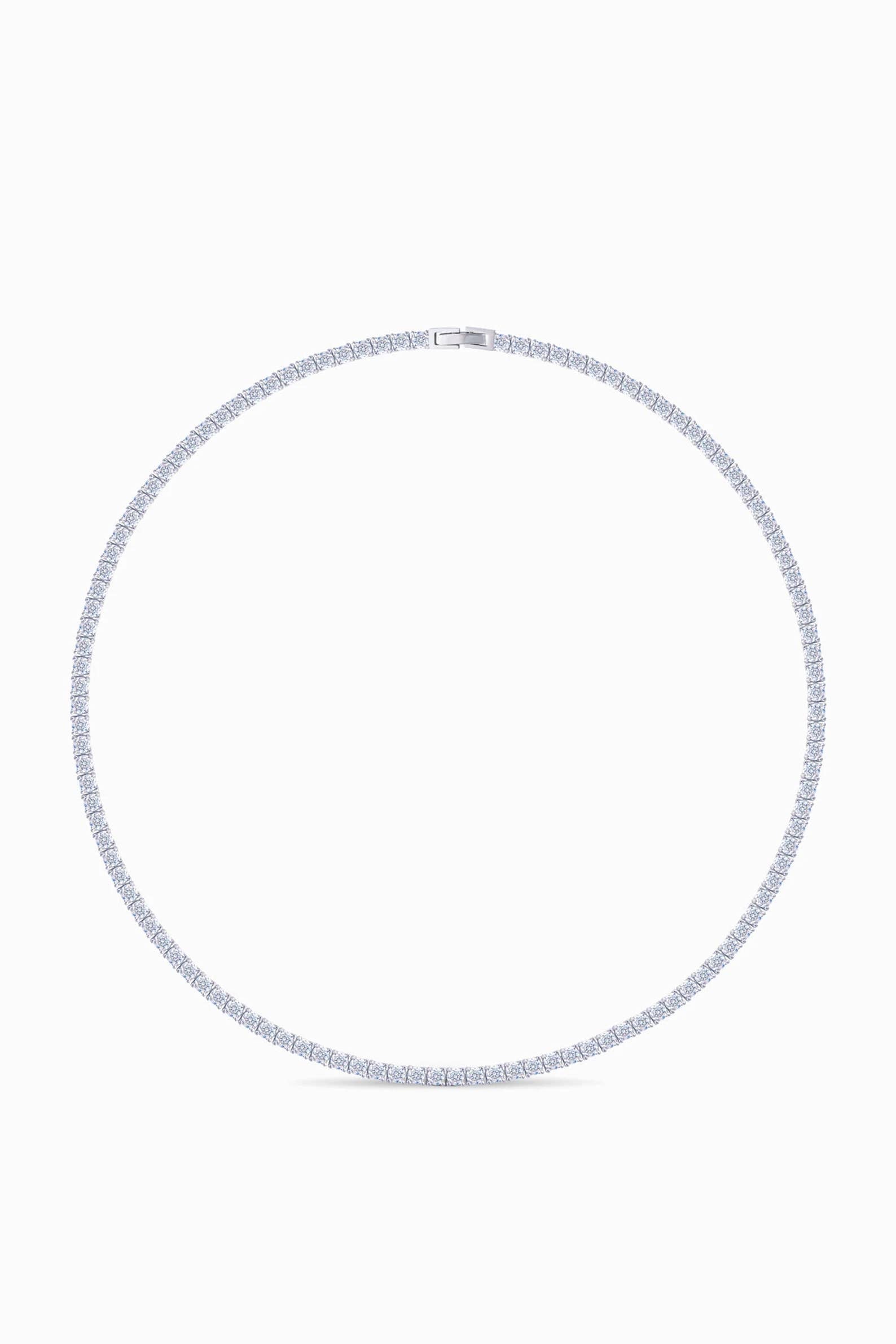 Hoopla silver tennis necklace full view showing flexible prong set AAA zircon stones Lemonberry Aurora