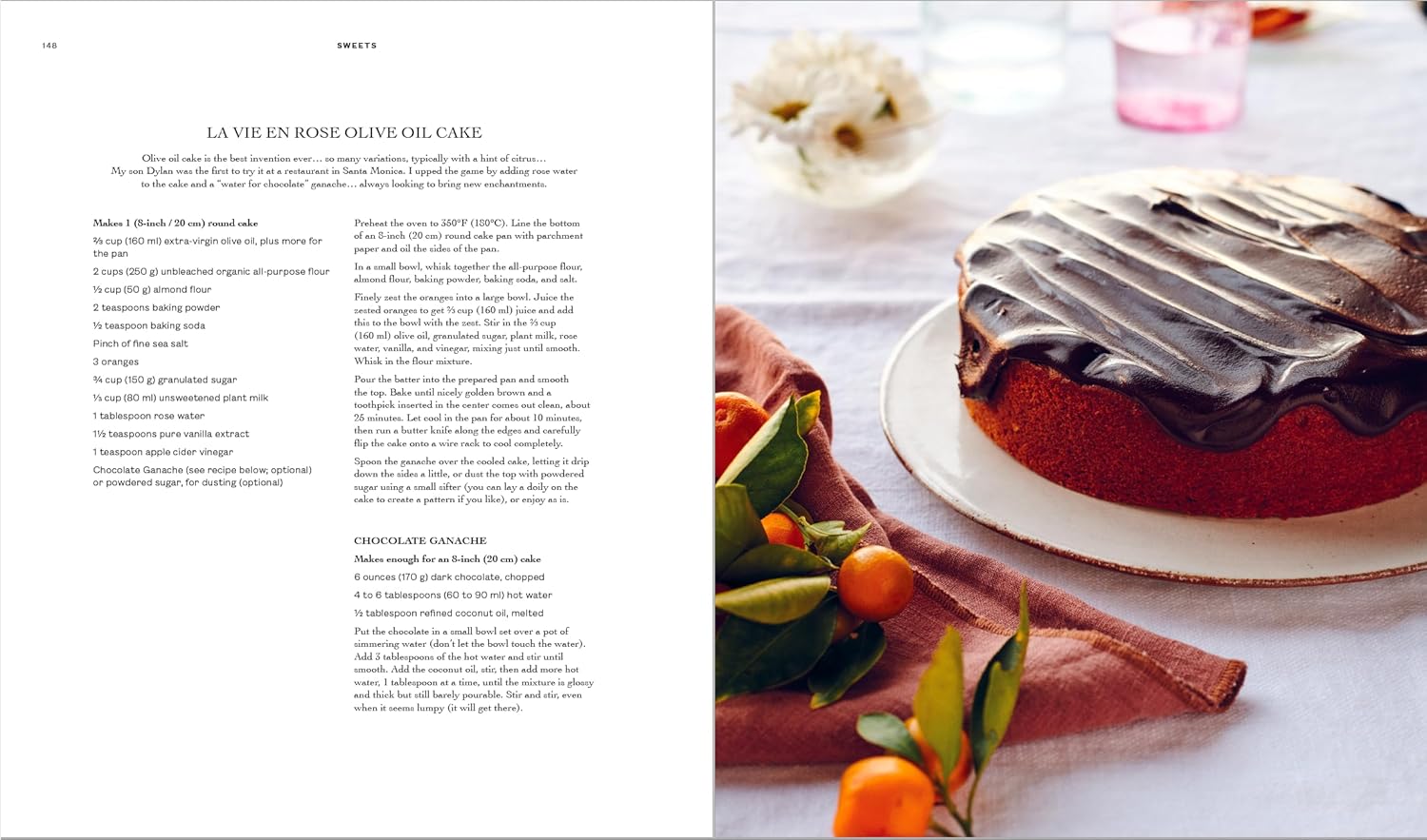 Open spread from Love, Pamela cookbook featuring the La Vie En Rose olive oil cake recipe with a beautifully plated slice.