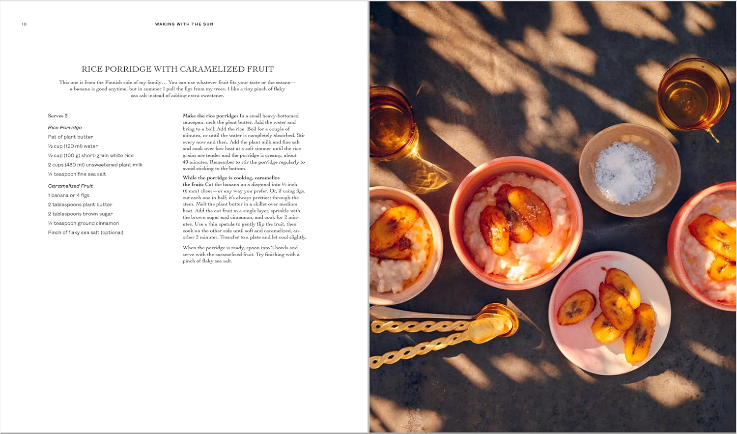 Open spread from Love, Pamela cookbook featuring a comforting bowl of rice porridge topped with fresh fruit.

