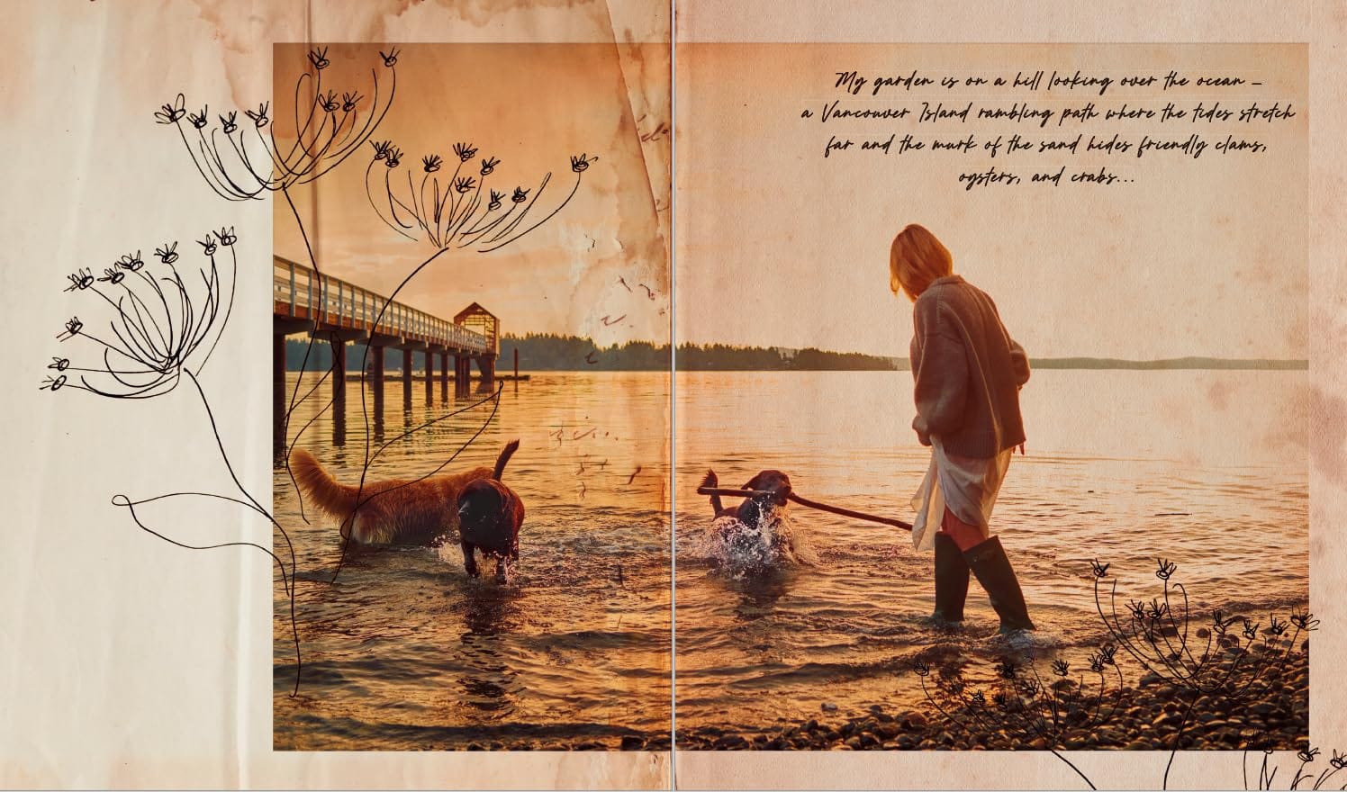 Pamela Anderson with her dogs by the ocean, featured in Love, Pamela cookbook. A glimpse into her sustainable, plant-based lifestyle.