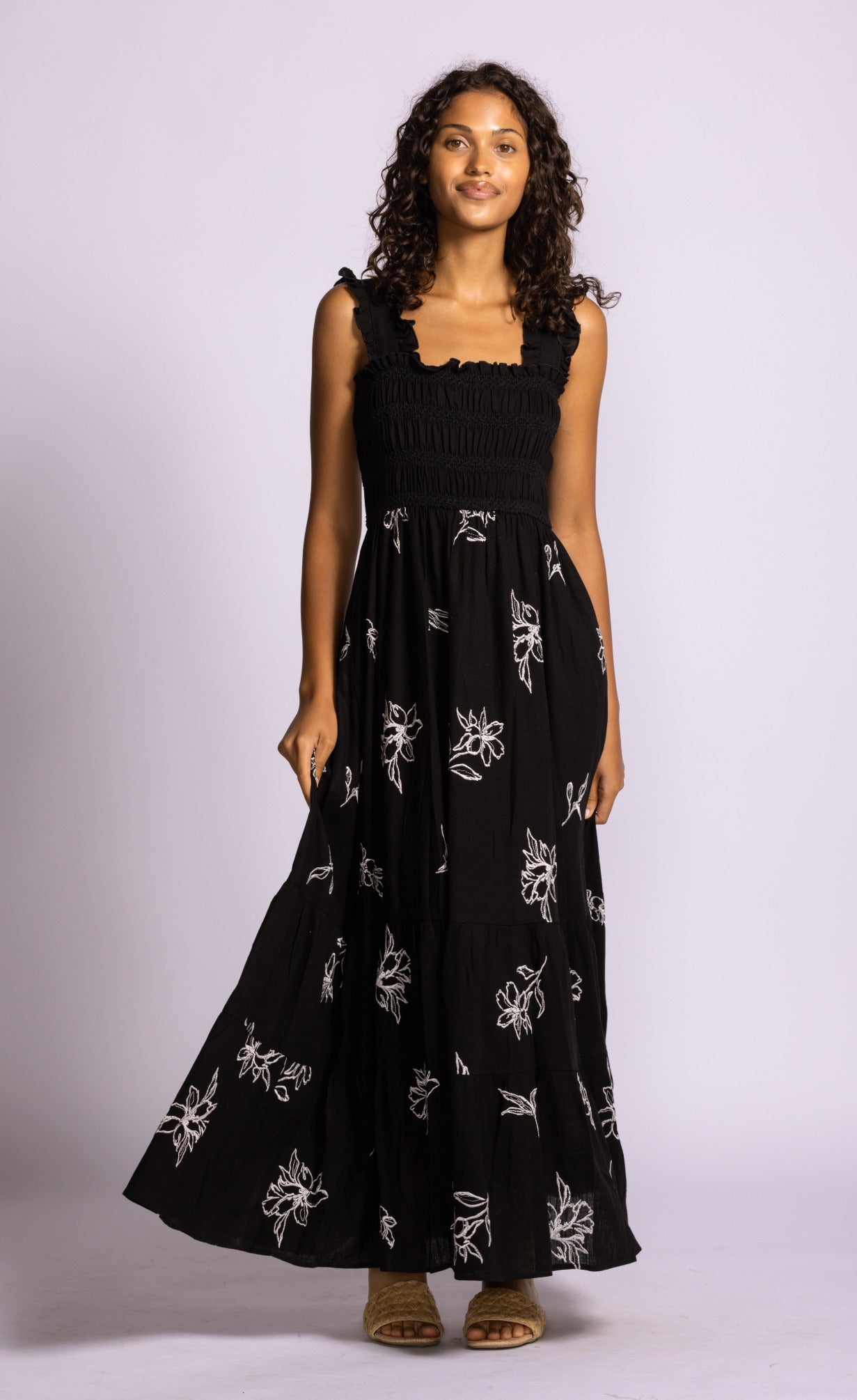Pink Martini Margate Dress Printed Smocked Bodice Maxi