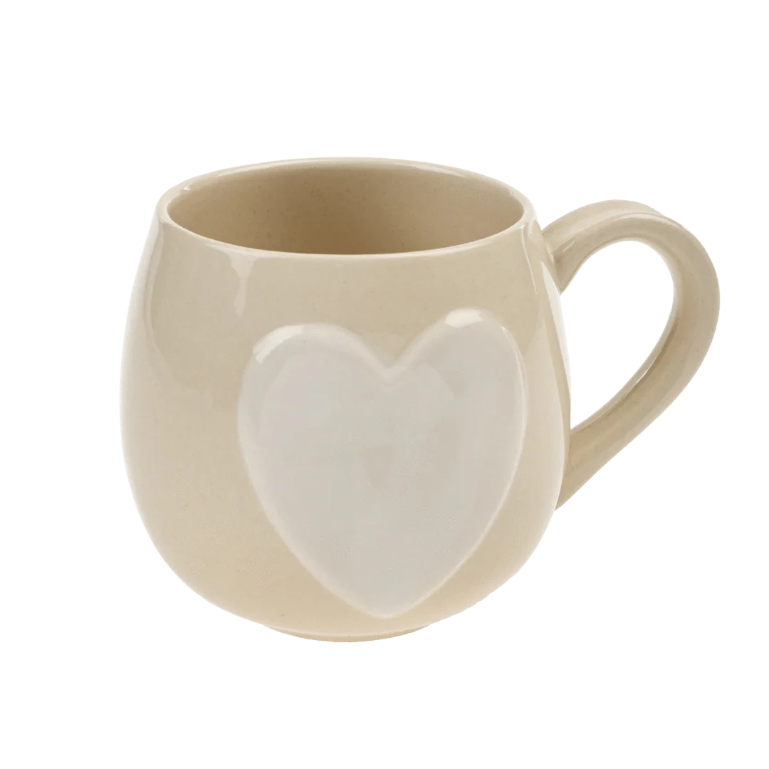 Indaba Big Heart Mug in cream with raised white heart — front view, Lemonberry Aurora.