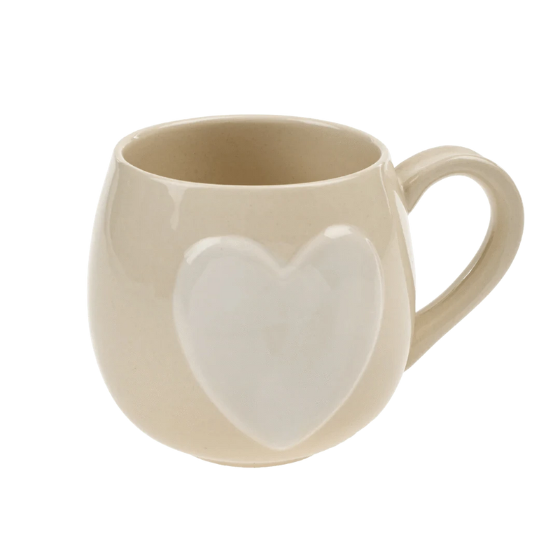 Indaba Big Heart Mug in cream with raised white heart — front view, Lemonberry Aurora.