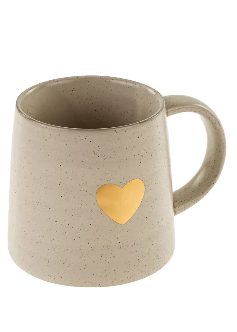 Large cream stoneware mug with a simple gold heart detail on the front, styled as an everyday coffee mug at Lemonberry Aurora.