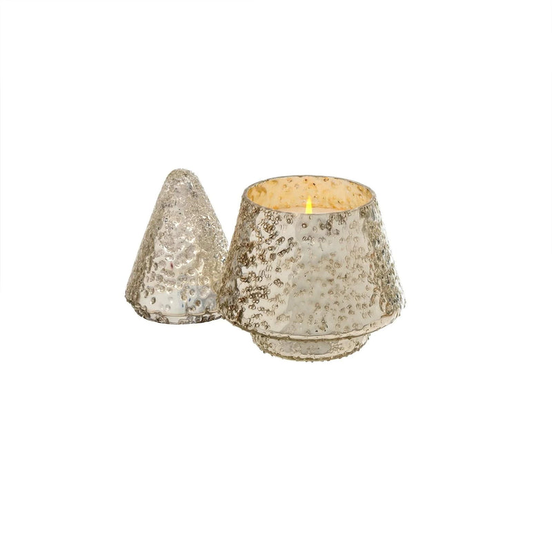Indaba Shimmer Tree Candle in silver — large size glowing candle view, Lemonberry Aurora.