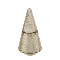 Indaba Shimmer Tree Candle in silver — large size with textured glass lid on, Lemonberry Aurora.