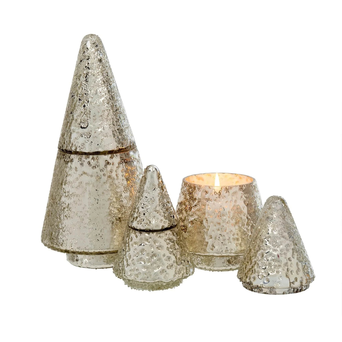 Indaba Shimmer Tree Candles in silver — assorted small, medium, and large sizes glowing together, Lemonberry Aurora.