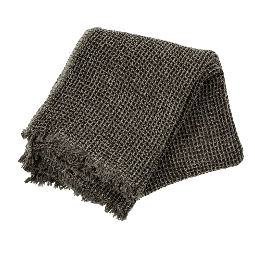 Indaba waffle throw in grey with thick textured weave and fringe edges — Lemonberry Aurora