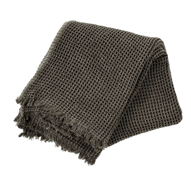 Indaba waffle throw in grey with thick textured weave and fringe edges — Lemonberry Aurora