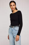 Close-up of ribbed Ingrid top in black by Gentle Fawn, styled with jeans