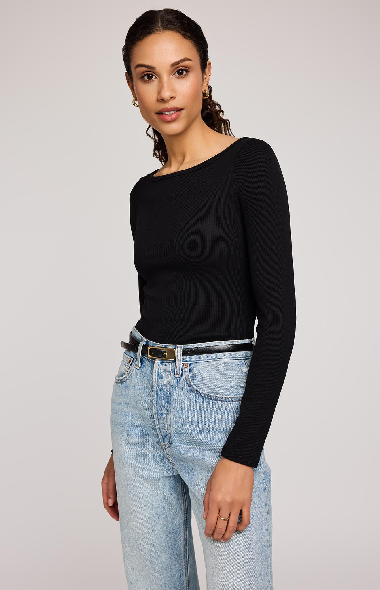 Close-up of ribbed Ingrid top in black by Gentle Fawn, styled with jeans