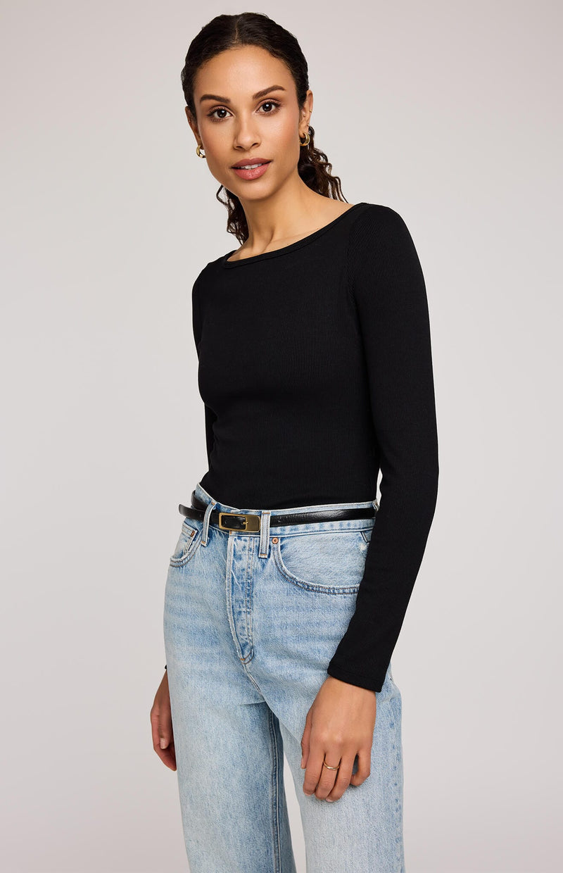 Close-up of ribbed Ingrid top in black by Gentle Fawn, styled with jeans