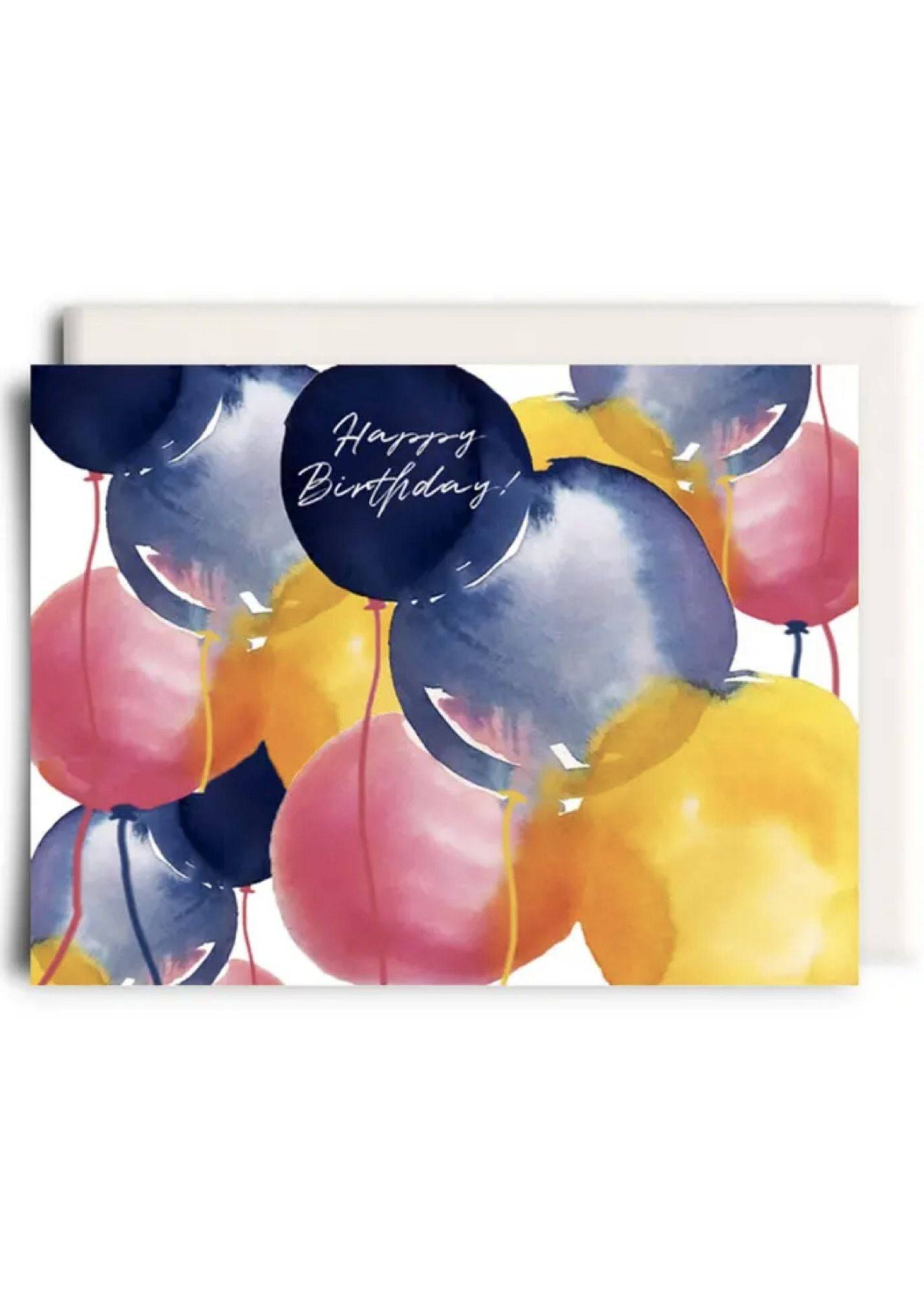 Watercolour Birthday Balloons Card by Inkwell featuring painted pink, yellow, and blue balloons, blank inside