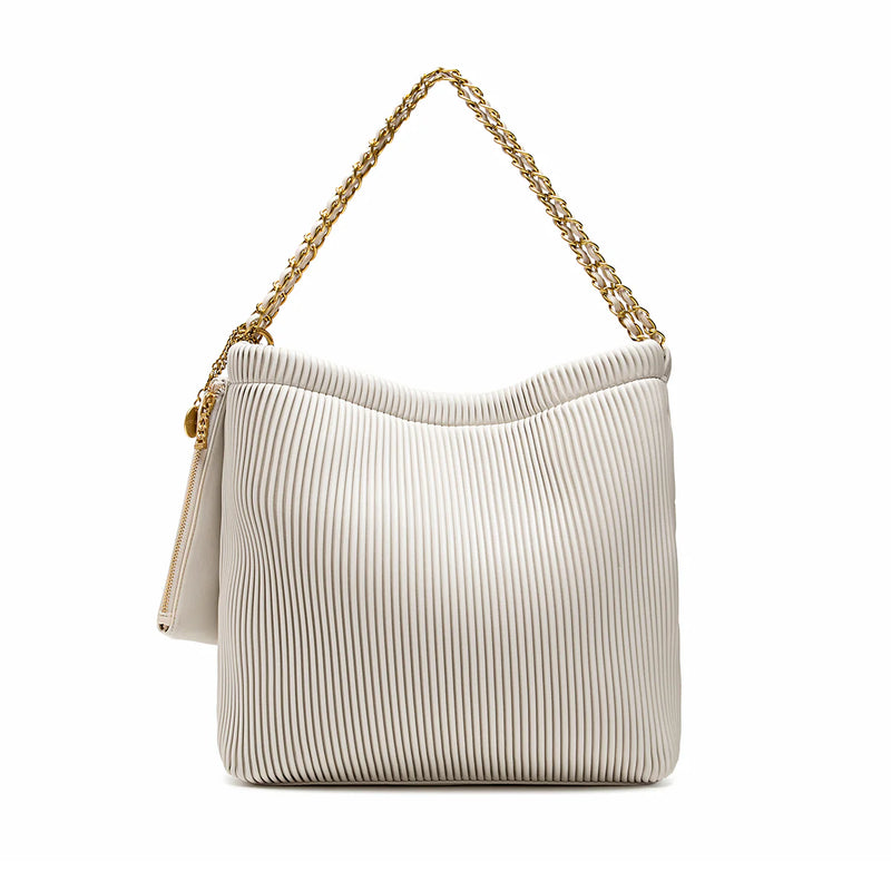 Front view of the Isabella Shoulder Bag in white, featuring its soft pleated vegan leather and stylish chain design.