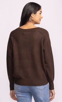 Back view of the Jacon Sweater by Pink Martini in chocolate brown, soft slouchy v-neck knit.