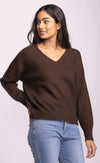 Side profile of the Jacon Sweater in brown, relaxed drape with v-neckline
