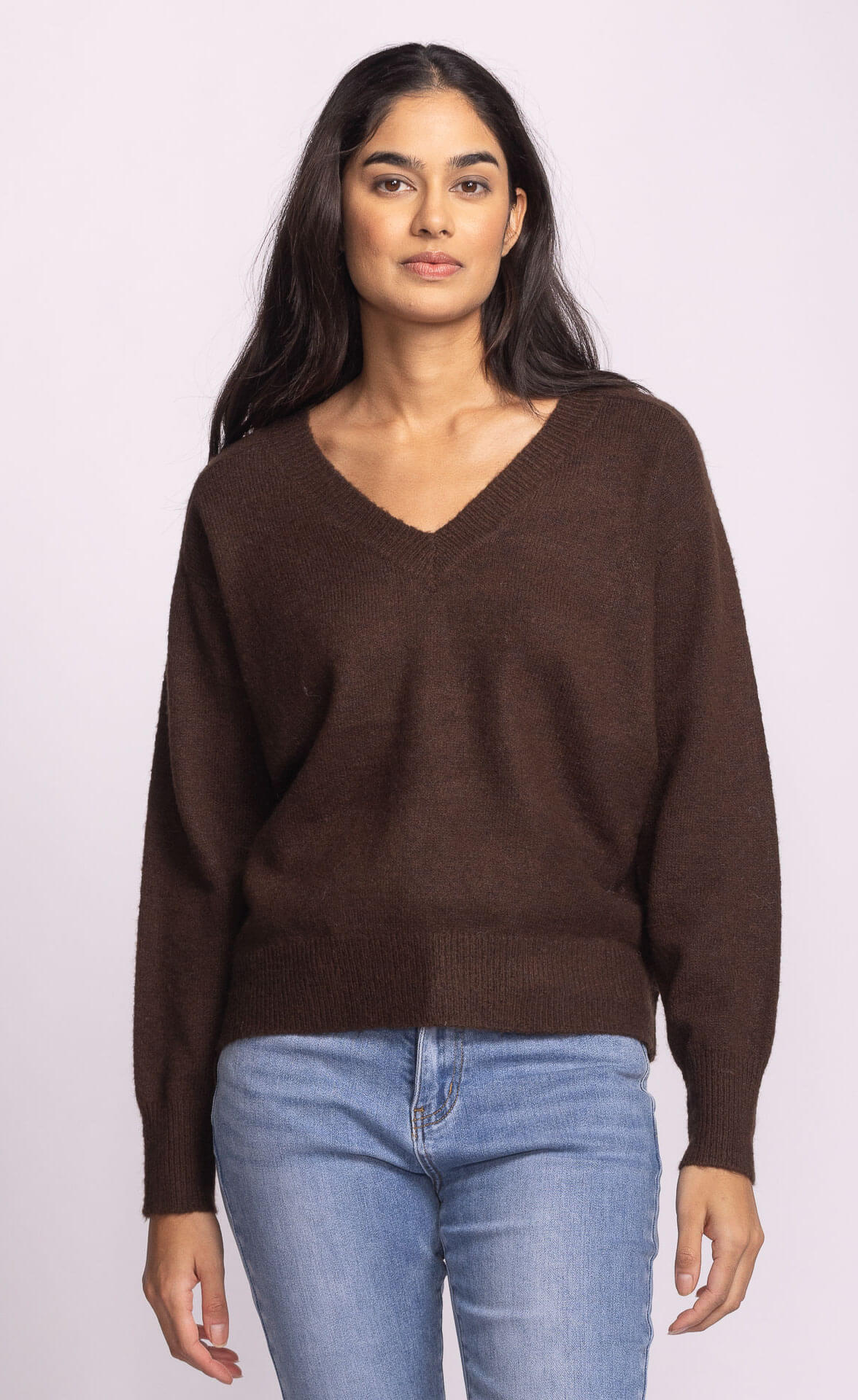 Front view of the Pink Martini Jacon Sweater in chocolate brown, soft knit v-neck.