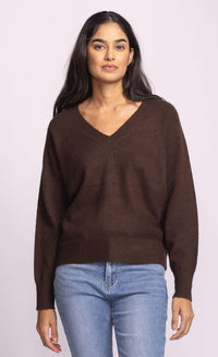 Front view of the Pink Martini Jacon Sweater in chocolate brown, soft knit v-neck.